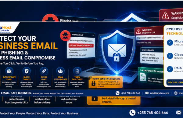Website_Graphic_Email_Security_Phishing Banner for a cybersecurity service: Protect your business email from phishing and business email compromise, with a blue shield and laptop graphic in the background.