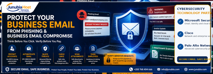 Banner for a cybersecurity service: Protect your business email from phishing and business email compromise, with a blue shield and laptop graphic in the background.