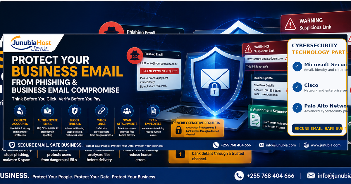 Banner for a cybersecurity service: Protect your business email from phishing and business email compromise, with a blue shield and laptop graphic in the background.