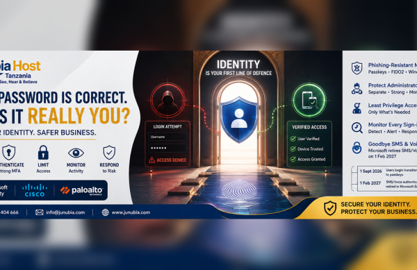 Website_Graphic_Identity_Security_2026 Banner promoting identity security for JunubiaHost Tanzania, with icons for verify, authenticate, limit, monitor, respond and partner logos; contact info at the bottom.