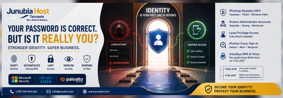 Banner promoting identity security for JunubiaHost Tanzania, with icons for verify, authenticate, limit, monitor, respond and partner logos; contact info at the bottom.
