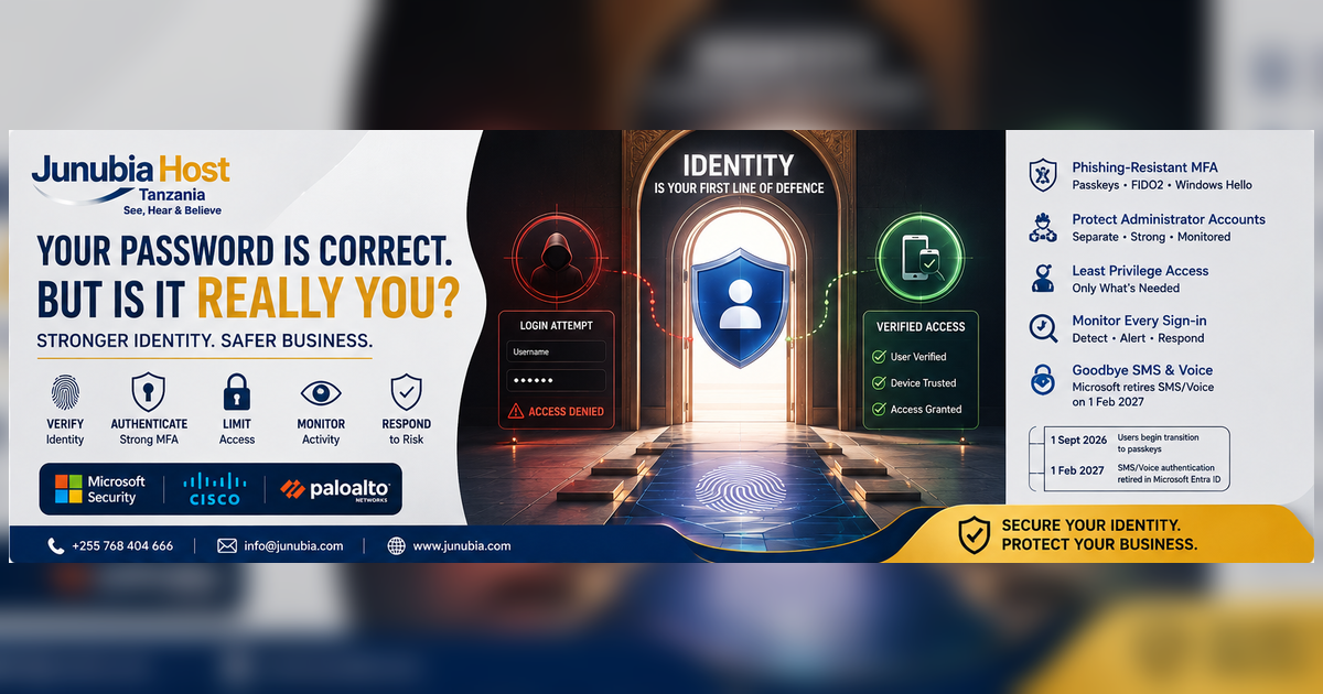 Banner promoting identity security for JunubiaHost Tanzania, with icons for verify, authenticate, limit, monitor, respond and partner logos; contact info at the bottom.