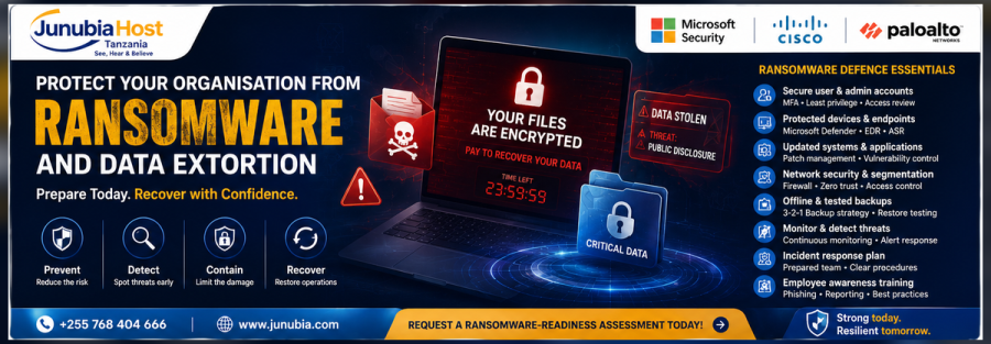 Ransomware protection banner with a laptop showing a 'your files are encrypted' screen and icons for prevent, detect, contain, recover.