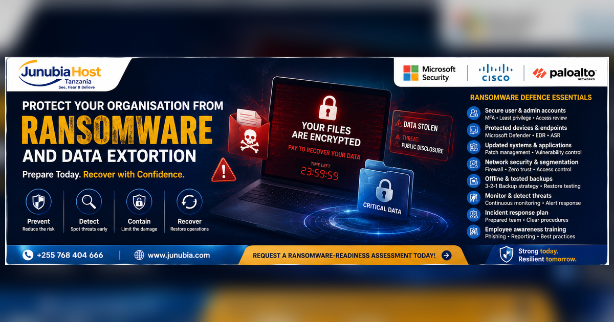Ransomware protection banner with a laptop showing a 'your files are encrypted' screen and icons for prevent, detect, contain, recover.