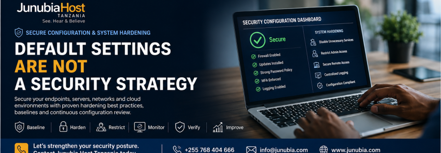 JunubiaHost Tanzania banner: headline 'Default settings are not a security strategy' beside a laptop showing a security dashboard.