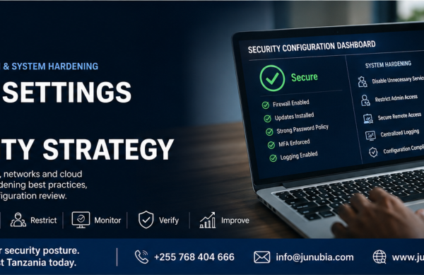Website_Secure_Configuration_System_Hardening JunubiaHost Tanzania banner: headline 'Default settings are not a security strategy' beside a laptop showing a security dashboard.