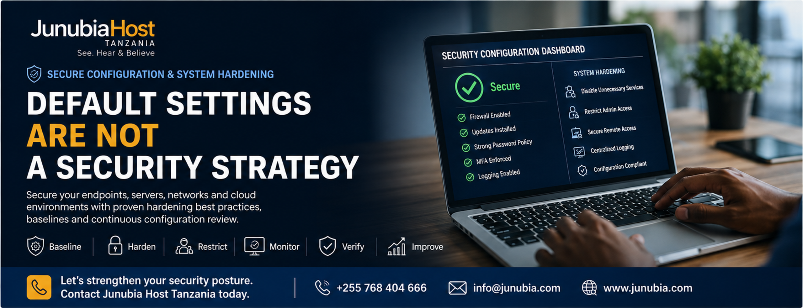 JunubiaHost Tanzania banner: headline 'Default settings are not a security strategy' beside a laptop showing a security dashboard.