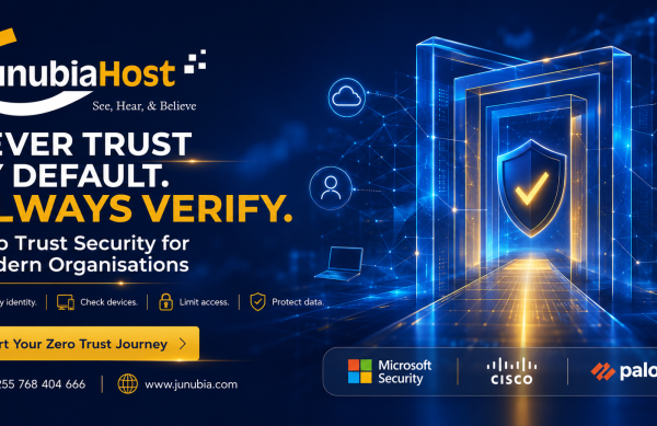 Zero Trust Security 3 JunubiaHost security banner: 'Never trust by default. Always verify' with a shield emblem and a glowing futuristic doorway in blue and gold.