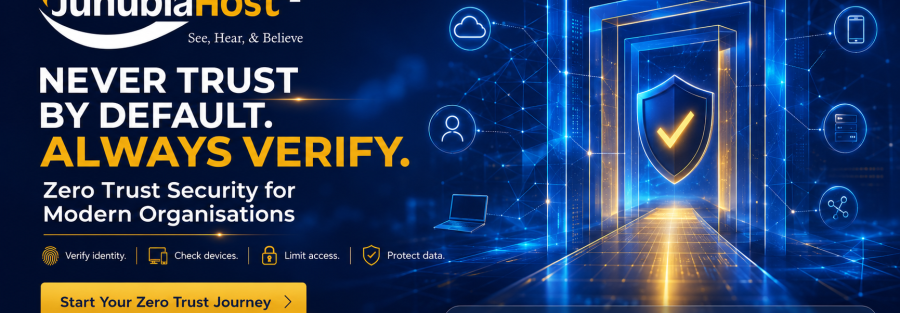 JunubiaHost security banner: 'Never trust by default. Always verify' with a shield emblem and a glowing futuristic doorway in blue and gold.