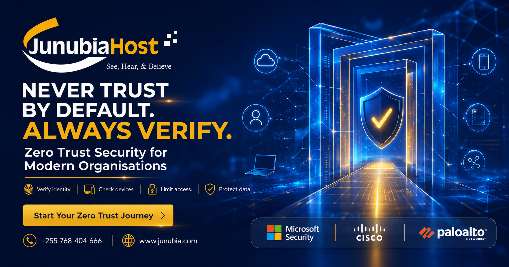 JunubiaHost security banner: 'Never trust by default. Always verify' with a shield emblem and a glowing futuristic doorway in blue and gold.