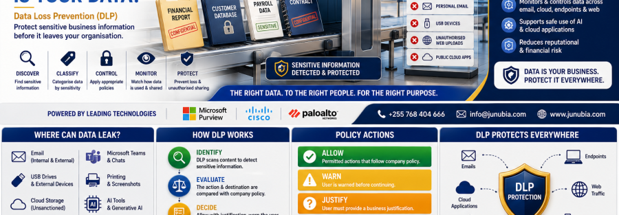 Infographic about Data Loss Prevention (DLP) showing data protection process and security icons.