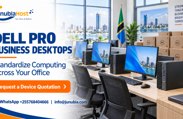 Promotional office scene with Dell Pro business desktops on a long desk and JunubiaHost branding in the top left, plus a bold orange 'Request a Device Quotation' button on the left side.