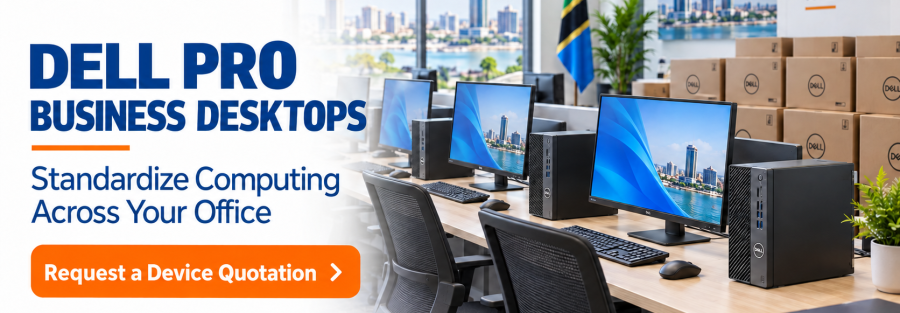 Promotional office scene with Dell Pro business desktops on a long desk and JunubiaHost branding in the top left, plus a bold orange 'Request a Device Quotation' button on the left side.
