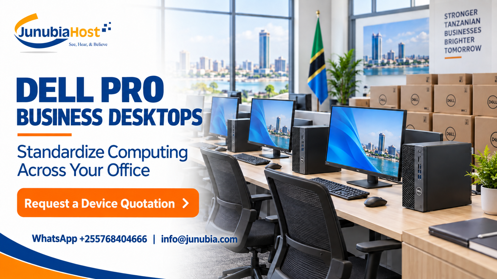 Promotional office scene with Dell Pro business desktops on a long desk and JunubiaHost branding in the top left, plus a bold orange 'Request a Device Quotation' button on the left side.