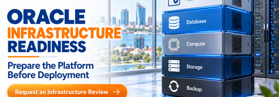 Banner for JunubiaHost's Oracle Infrastructure Readiness: bold blue and orange text with a right‑hand stack of labeled server racks (Application, Database, Compute, Storage, Backup) beside a cityscape; prominent CTA reads 'Request an Infrastructure Review'.