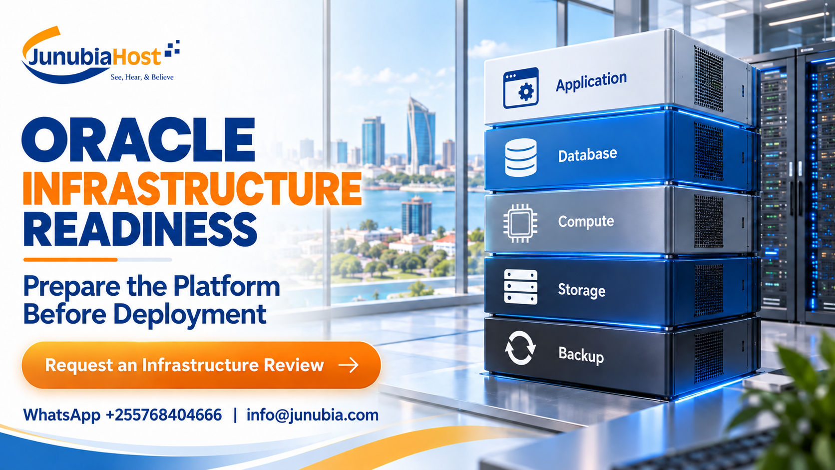 Banner for JunubiaHost's Oracle Infrastructure Readiness: bold blue and orange text with a right‑hand stack of labeled server racks (Application, Database, Compute, Storage, Backup) beside a cityscape; prominent CTA reads 'Request an Infrastructure Review'.
