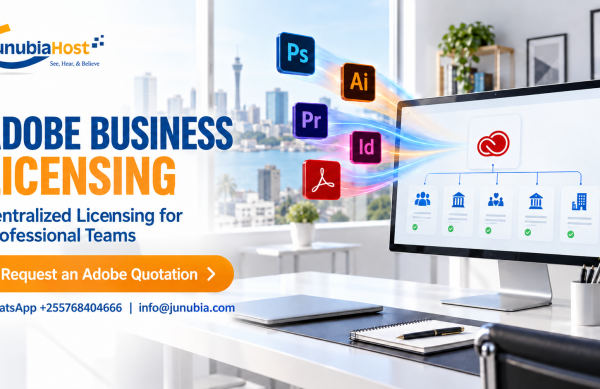 Adobe Business Licensing JunubiaHost ad promoting Adobe Business Licensing for centralized licensing of professional teams, with the 'Request an Adobe Quotation' CTA and contact info.