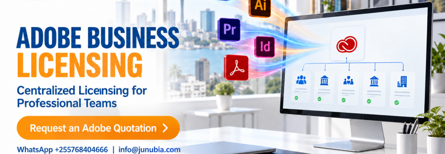 JunubiaHost ad promoting Adobe Business Licensing for centralized licensing of professional teams, with the 'Request an Adobe Quotation' CTA and contact info.