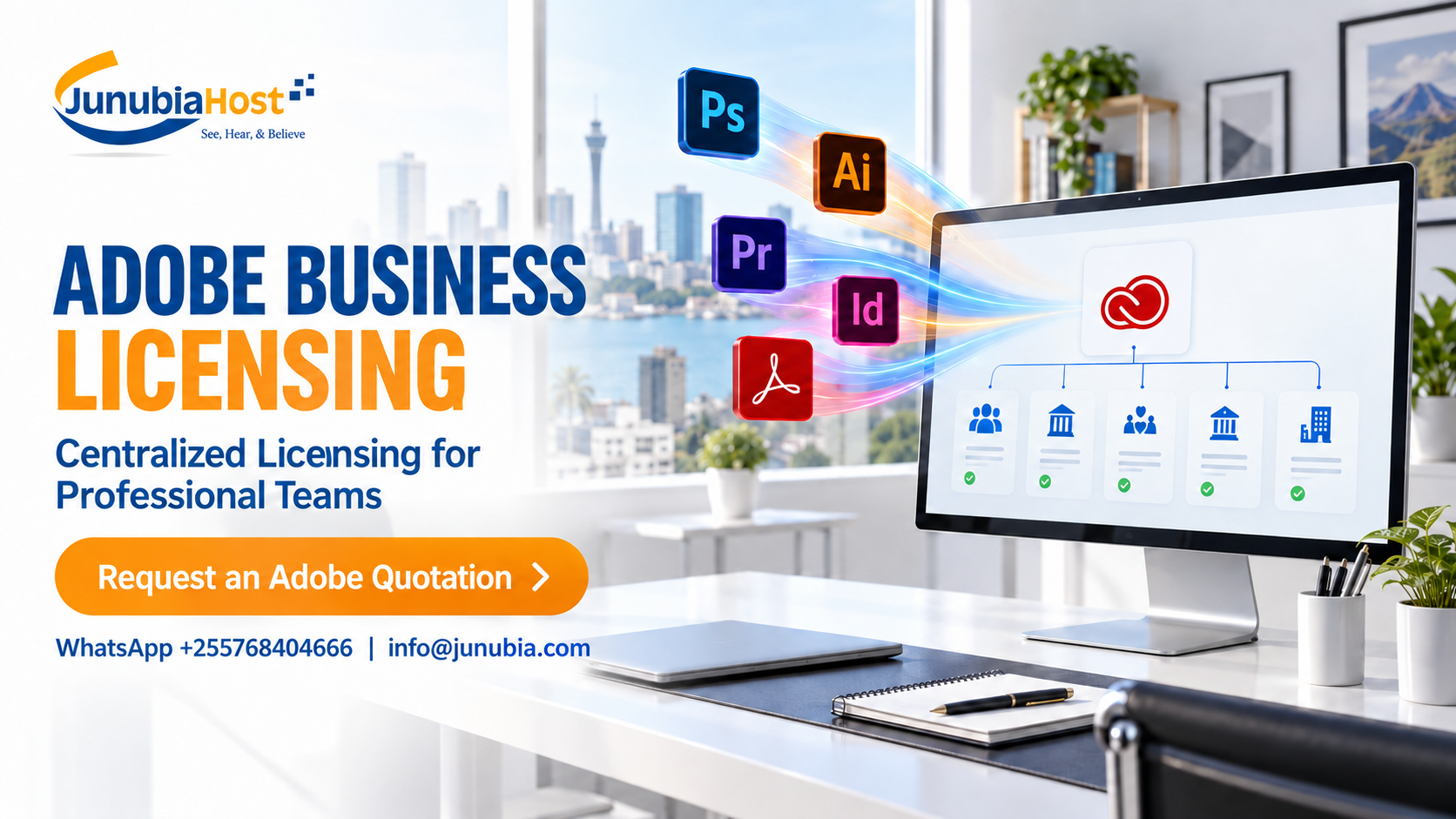 JunubiaHost ad promoting Adobe Business Licensing for centralized licensing of professional teams, with the 'Request an Adobe Quotation' CTA and contact info.