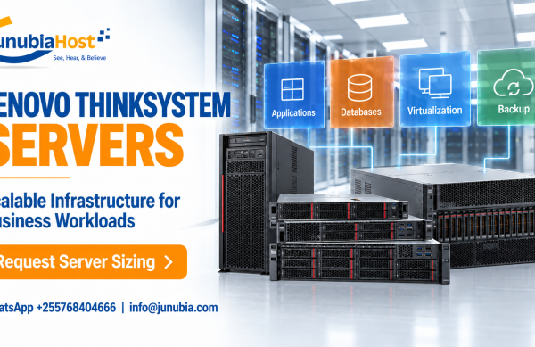 Lenovo ThinkSystem Servers JunubiaHost ad for Lenovo ThinkSystem Servers with stacked racks and floating icons for Applications, Databases, Virtualization, Backup; orange 'Request Server Sizing' button below it.