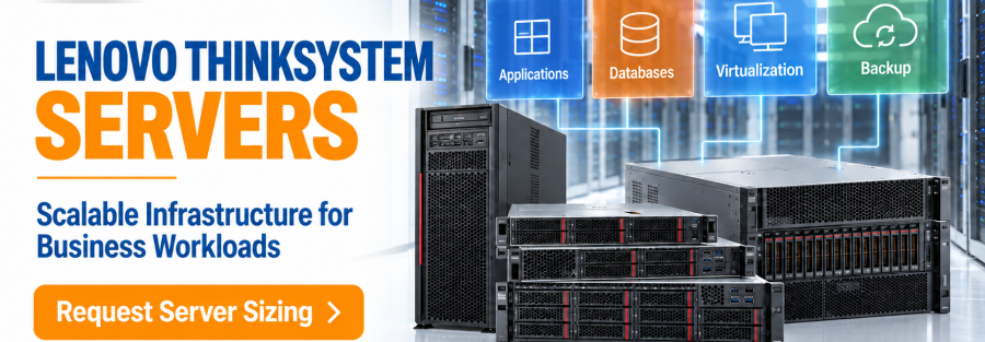 JunubiaHost ad for Lenovo ThinkSystem Servers with stacked racks and floating icons for Applications, Databases, Virtualization, Backup; orange 'Request Server Sizing' button below it.