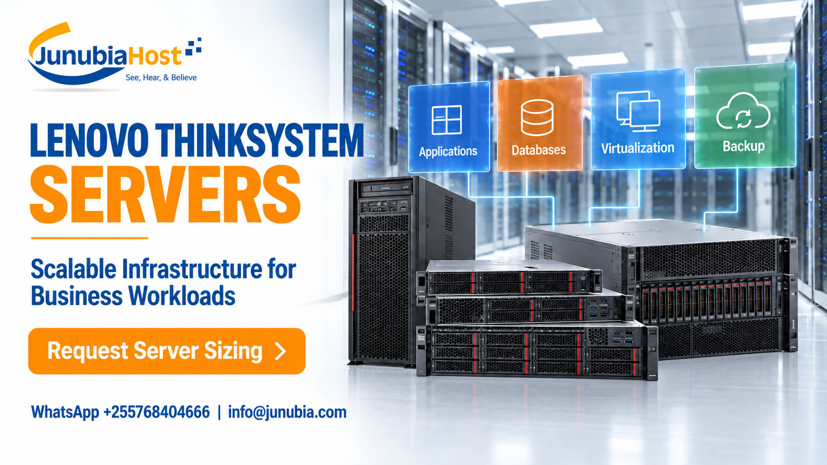JunubiaHost ad for Lenovo ThinkSystem Servers with stacked racks and floating icons for Applications, Databases, Virtualization, Backup; orange 'Request Server Sizing' button below it.
