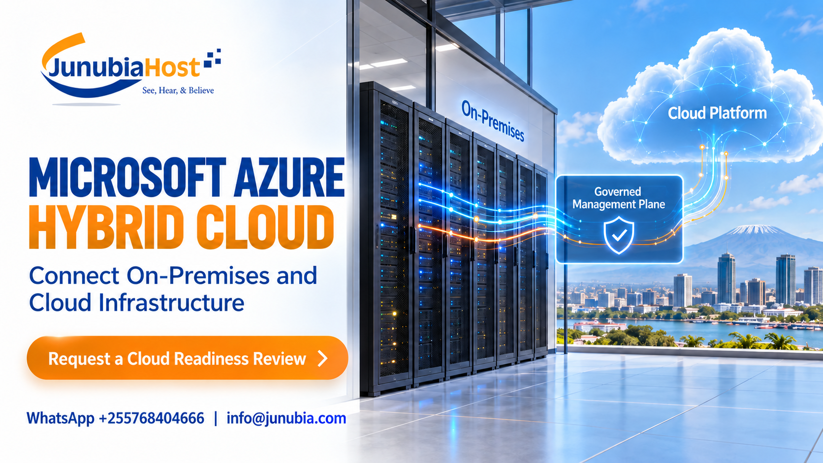 JunubiaHost banner promoting Microsoft Azure Hybrid Cloud with on‑premises servers connected to the cloud.