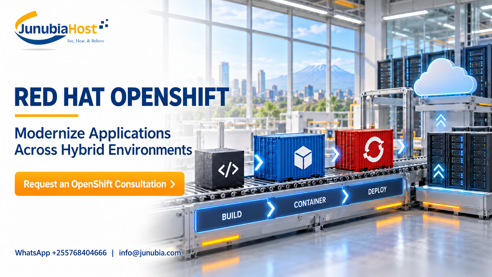 Promotional banner for JunubiaHost about OpenShift modernization across hybrid environments; CTA: Request an OpenShift Consultation.