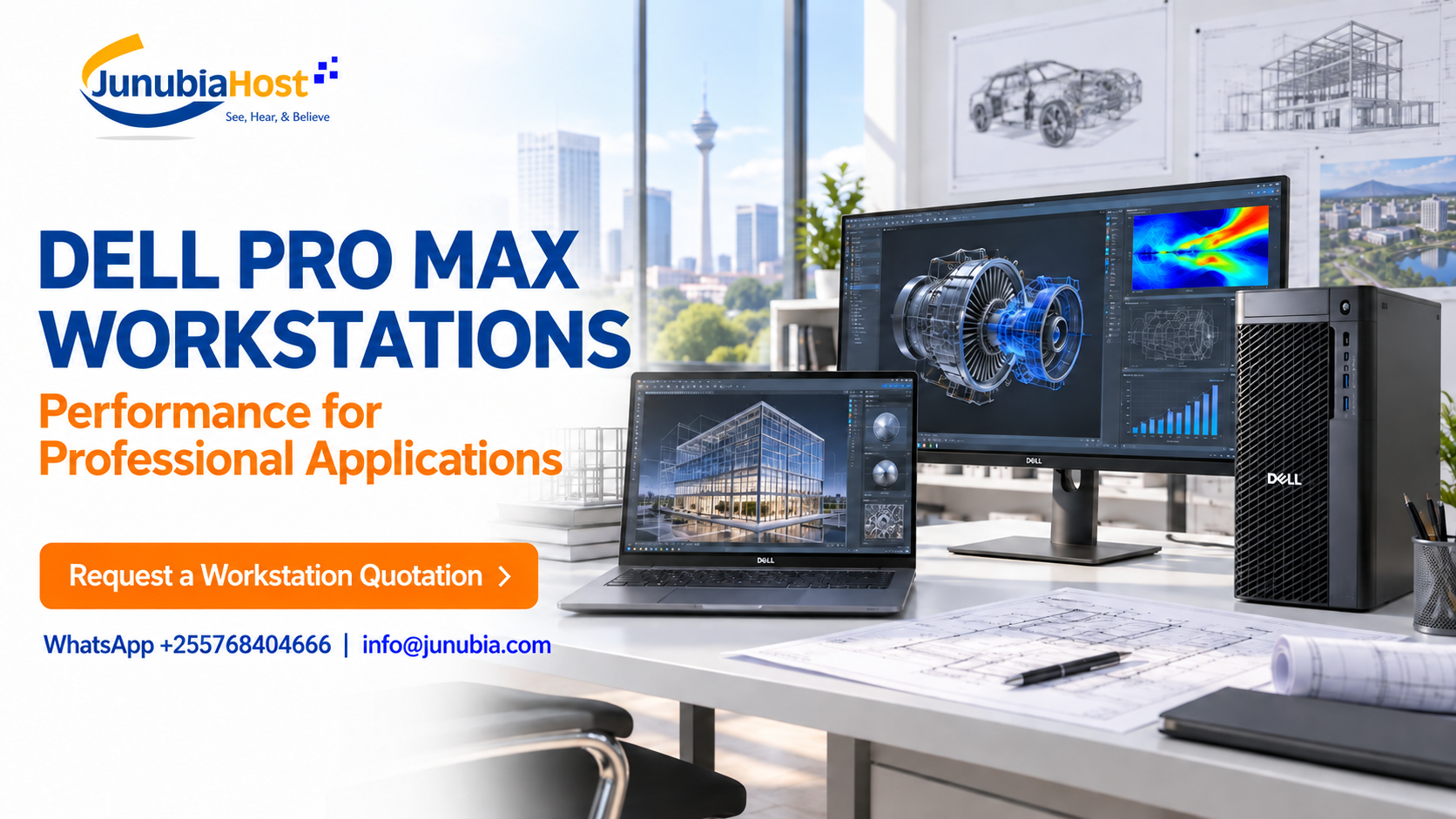 JunibiaHost Dell Pro Max Workstations banner showing a workstation setup (desktop and laptop) with engineering visuals, bold blue headline and orange subhead, and an orange 'Request a Workstation Quotation' button.