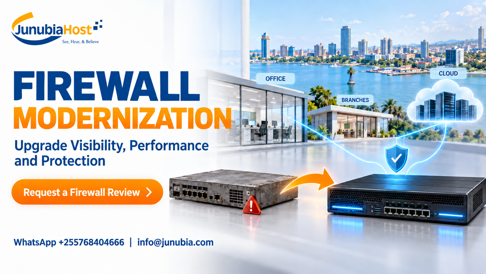JunubiaHost firewall modernization banner with office, cloud icons, and a prominent 'Request a Firewall Review' button.