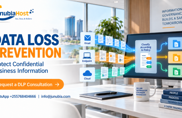 Data Loss Prevention JunubiaHost banner: text 'DATA LOSS PREVENTION' with 'Protect Confidential Business Information' and a 'Request a DLP Consultation' CTA, office scene in background.