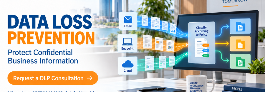 JunubiaHost banner: text 'DATA LOSS PREVENTION' with 'Protect Confidential Business Information' and a 'Request a DLP Consultation' CTA, office scene in background.