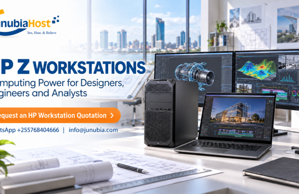 HP Z Workstations for Designers JunibiaHost HP Z Workstations hero: office with desktop tower, dual monitors, laptop, and architectural blueprints; blue cityscape background; orange call-to-action button reads 'Request an HP Workstation Quotation'