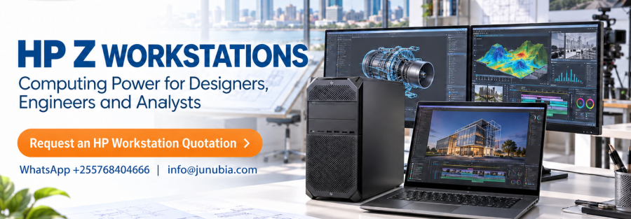 JunibiaHost HP Z Workstations hero: office with desktop tower, dual monitors, laptop, and architectural blueprints; blue cityscape background; orange call-to-action button reads 'Request an HP Workstation Quotation'