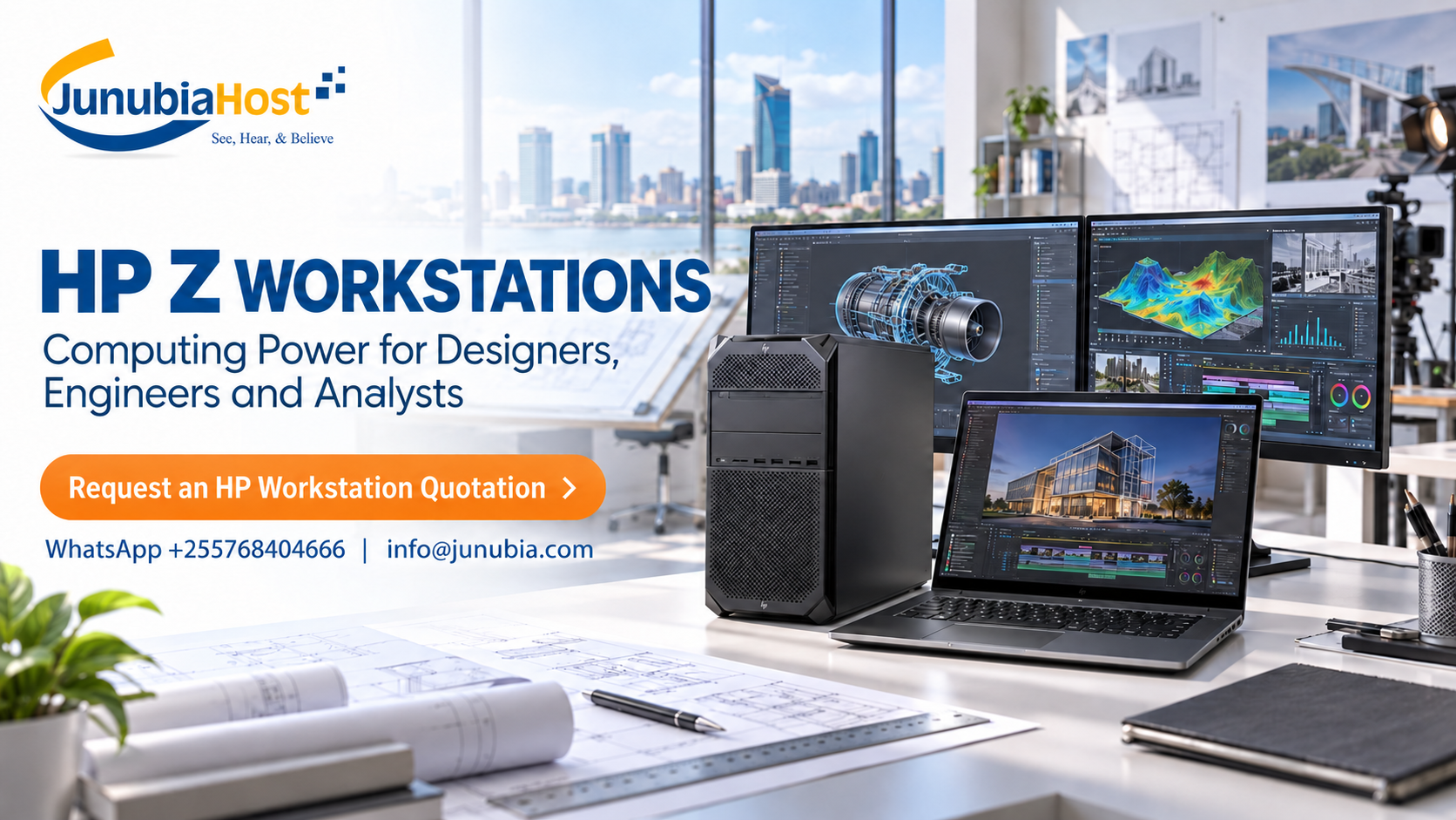 JunibiaHost HP Z Workstations hero: office with desktop tower, dual monitors, laptop, and architectural blueprints; blue cityscape background; orange call-to-action button reads 'Request an HP Workstation Quotation'
