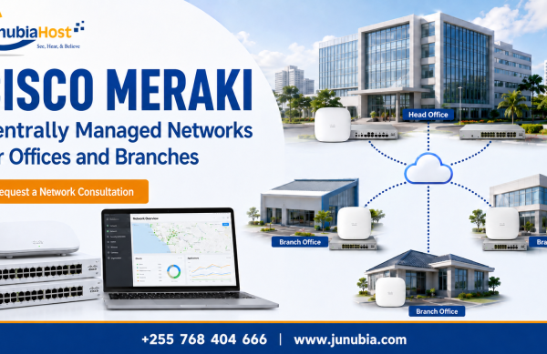 Cisco Meraki banner showing a centralized network system for offices and branches with a cloud icon and office buildings, inviting to request a network consultation.