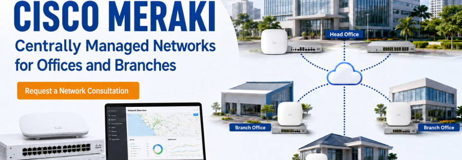 Cisco Meraki banner showing a centralized network system for offices and branches with a cloud icon and office buildings, inviting to request a network consultation.