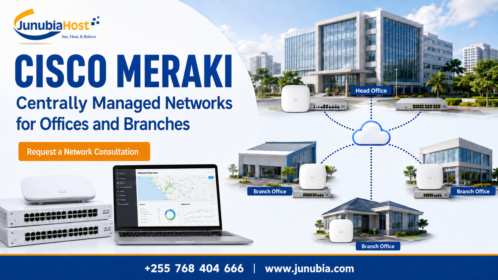 Cisco Meraki banner showing a centralized network system for offices and branches with a cloud icon and office buildings, inviting to request a network consultation.