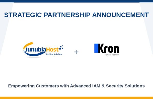 Kron Partner Network Banner announcing a strategic partnership between JunubiaHost and Kron Partner Network, with the IAM and security solutions tagline.