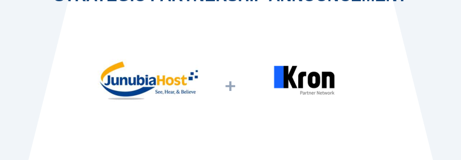Banner announcing a strategic partnership between JunubiaHost and Kron Partner Network, with the IAM and security solutions tagline.