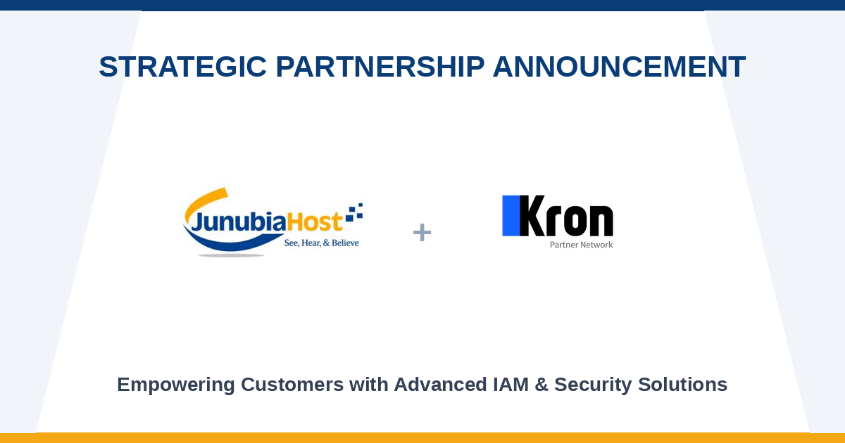 Banner announcing a strategic partnership between JunubiaHost and Kron Partner Network, with the IAM and security solutions tagline.