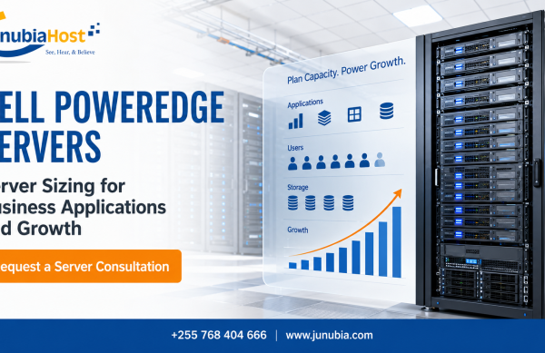 Promotional banner showing Dell PowerEdge servers in a data center, with a poster illustrating capacity, users, storage, and growth, and a call-to-action to request a server consultation.