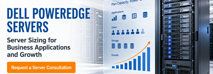 Promotional banner showing Dell PowerEdge servers in a data center, with a poster illustrating capacity, users, storage, and growth, and a call-to-action to request a server consultation.