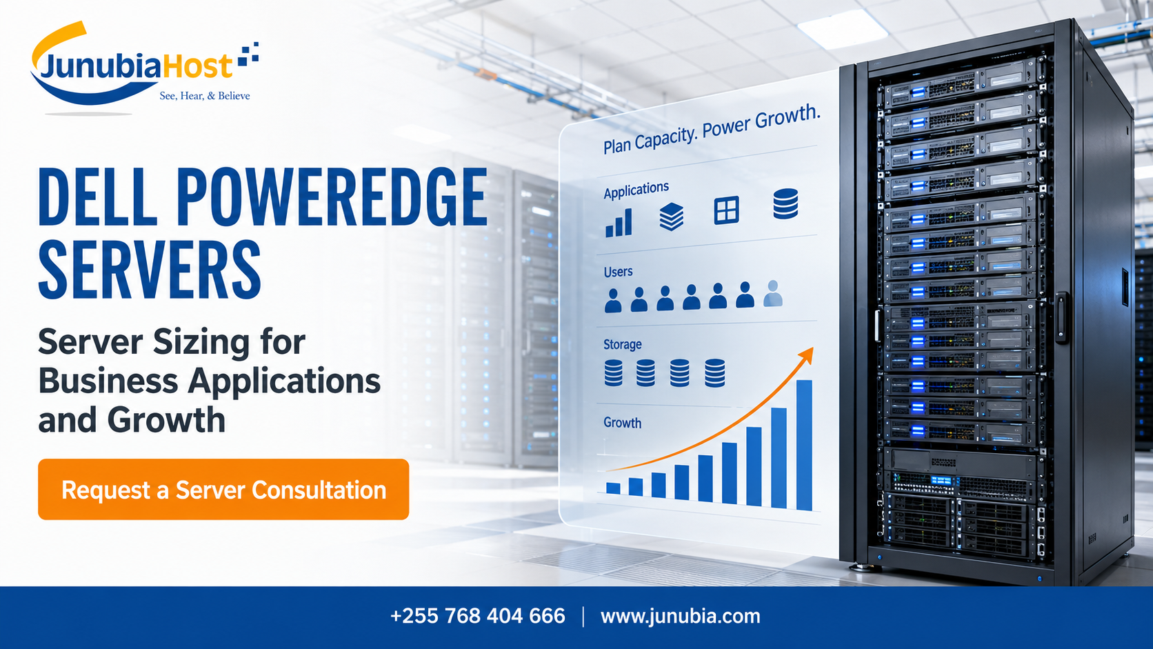 Promotional banner showing Dell PowerEdge servers in a data center, with a poster illustrating capacity, users, storage, and growth, and a call-to-action to request a server consultation.