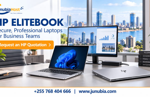 Office promo for JunubiaHost HP EliteBook: laptops on desk with city skyline and a bold 'Request an HP Quotation' button.