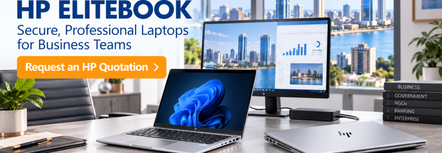 Office promo for JunubiaHost HP EliteBook: laptops on desk with city skyline and a bold 'Request an HP Quotation' button.