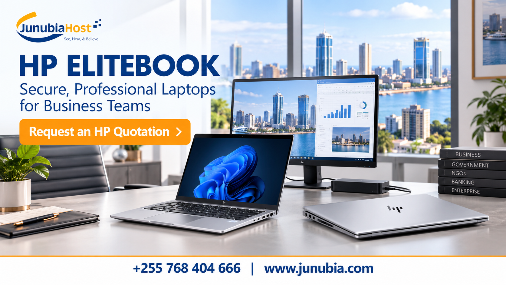 Office promo for JunubiaHost HP EliteBook: laptops on desk with city skyline and a bold 'Request an HP Quotation' button.