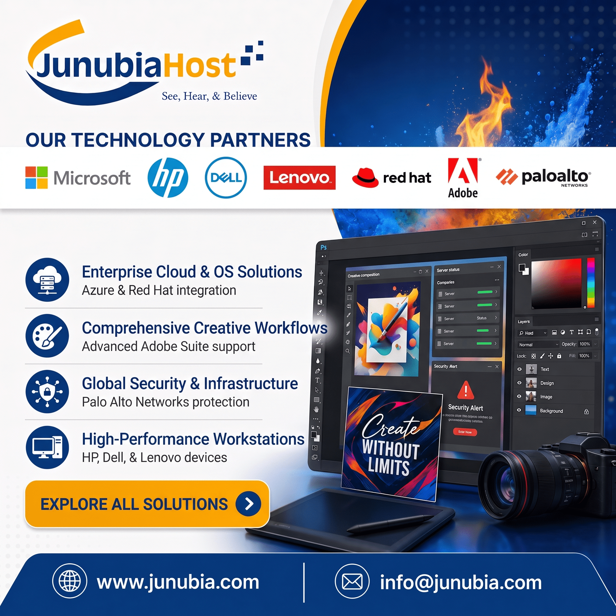 JunubiaHost hero banner showing the tagline 'Our Technology Partners' with partner logos (Microsoft, HP, Dell, Lenovo, Red Hat, Adobe, Palo Alto).