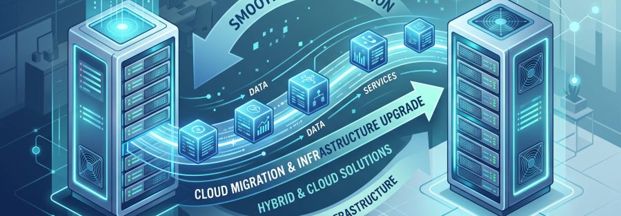 Illustration of a data center with servers on both sides and a curved ribbon reading 'Smooth Data Transition' over data and cloud terms.
