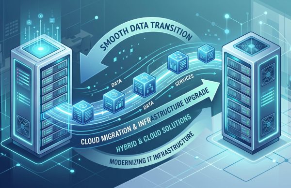 Illustration of a data center with servers on both sides and a curved ribbon reading 'Smooth Data Transition' over data and cloud terms.